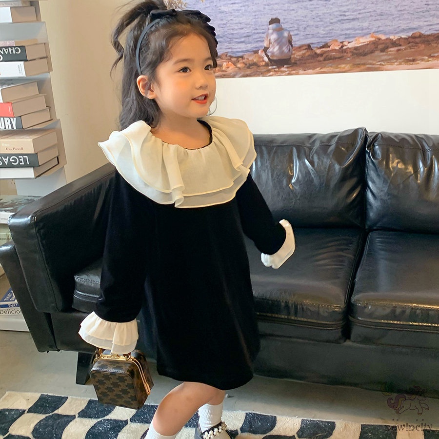 Đầm Nhung Cổ Bèo Phong Cách Chic Hàn Quốc Xinh Xắn Cho Bé Gái