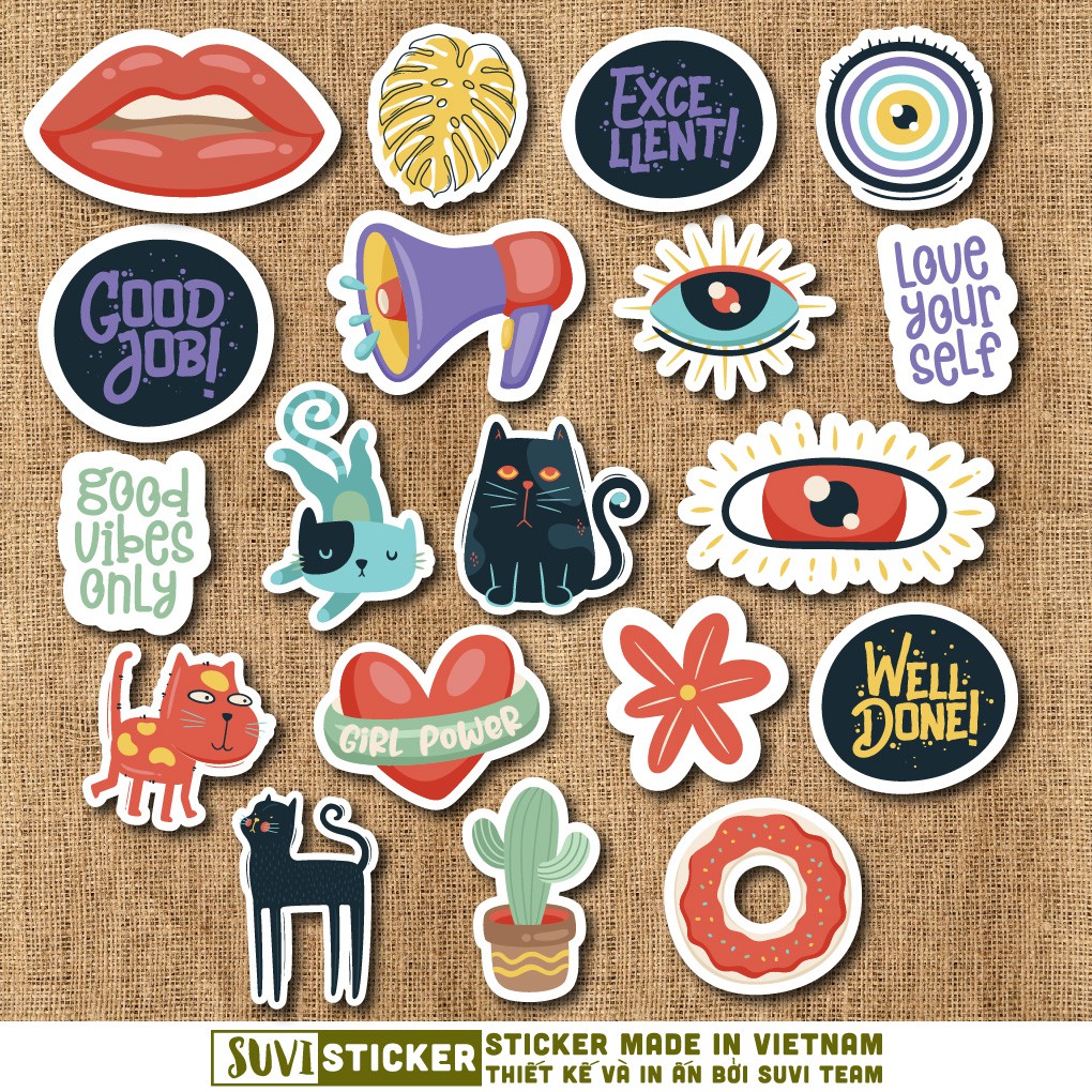 50 Sticker Nhiều Thể Loại chống nước sticker dán mũ bảo hiểm, laptop, điện thoại, đàn guitar, vali. MSP: NS21