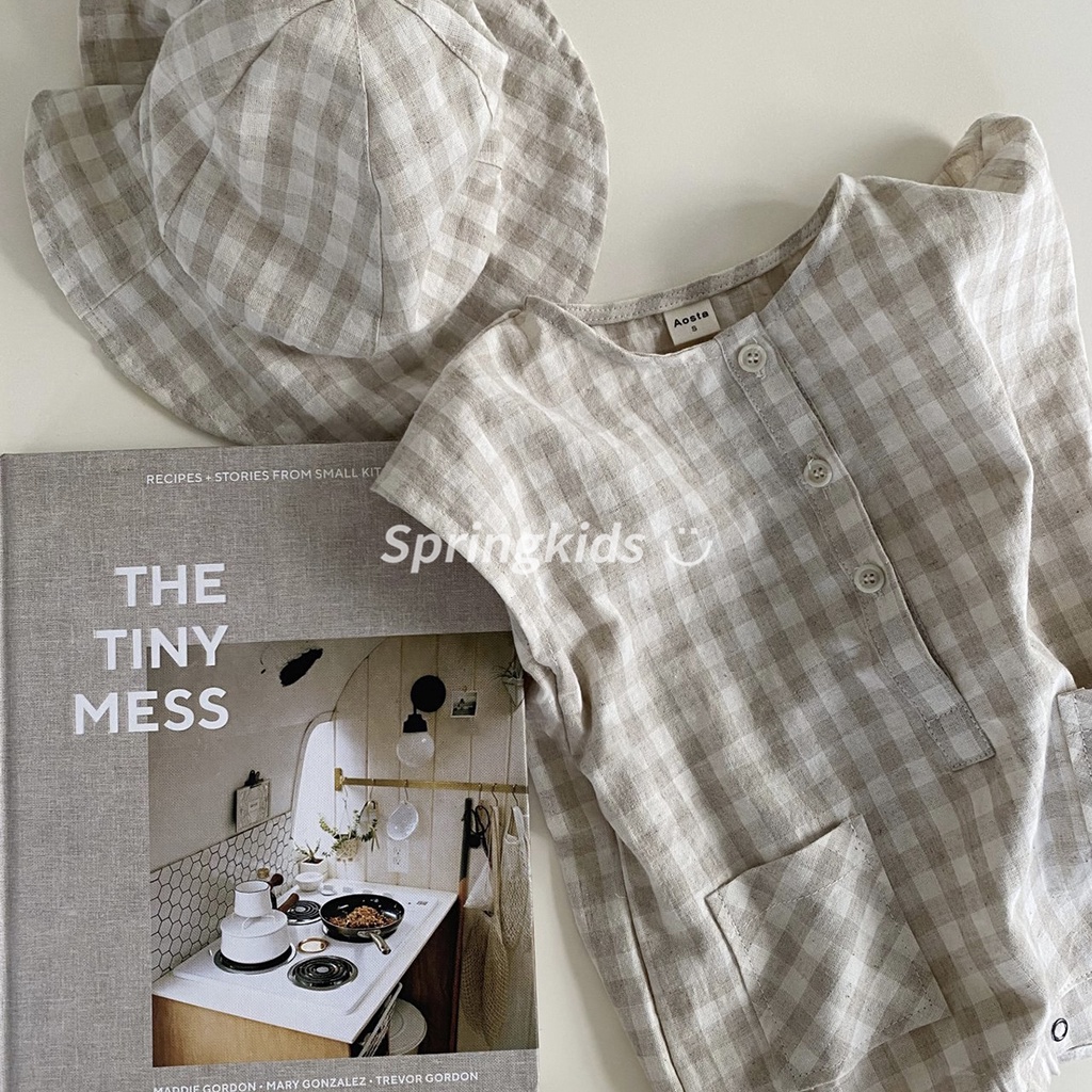 Set Áo Liền Quần Họa Tiết Caro Thoải Mái Kèm Mũ Đáng Yêu Cho Bé Sơ Sinh