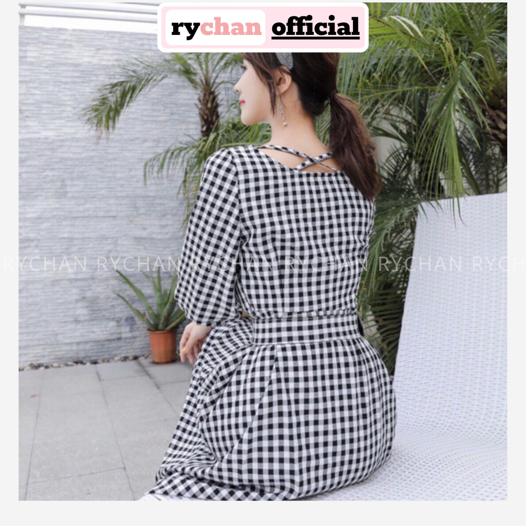 DX673 - Đầm Xòe Caro Kèm Belt Tay Lở