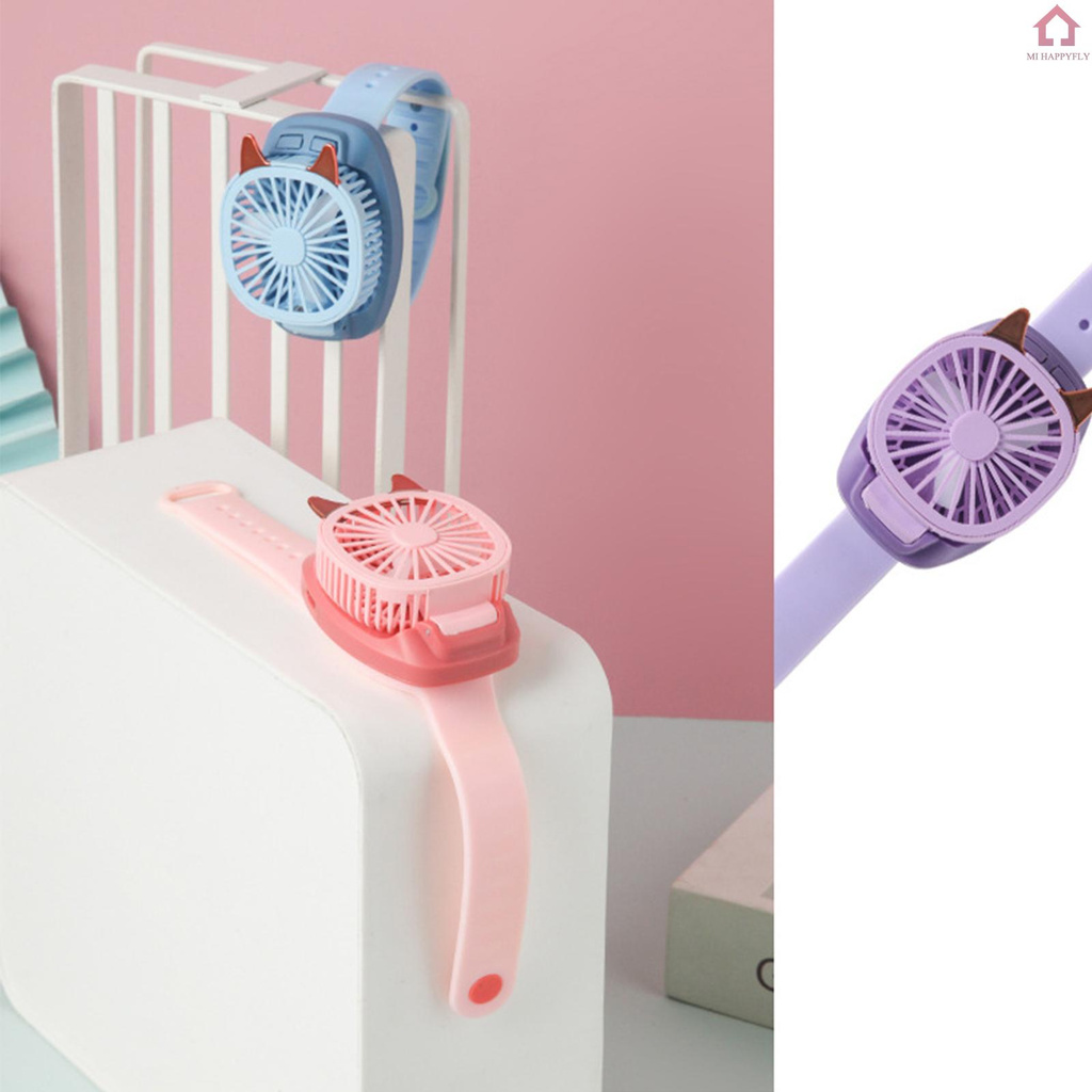 ଓ  Portable Fan Mini Fan Portable Watch Fan with Comfortable Wrist Strap Colorful LED Light Three-speed USB Charging