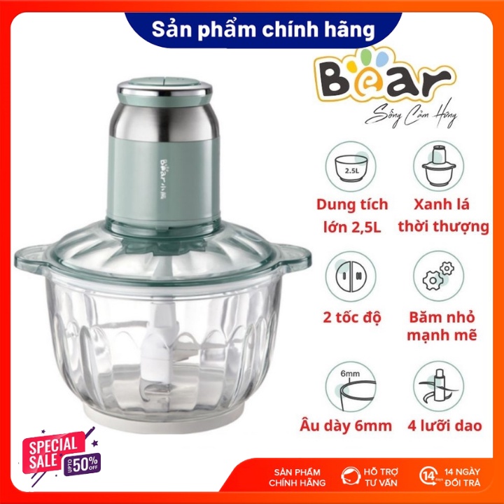 Máy xay đa năng Bear QSJ-C04R8S,xay thịt,xay thực phẩm,cối thủy tinh 2,5 lit,công suất 350W-Bảo hành 12 tháng