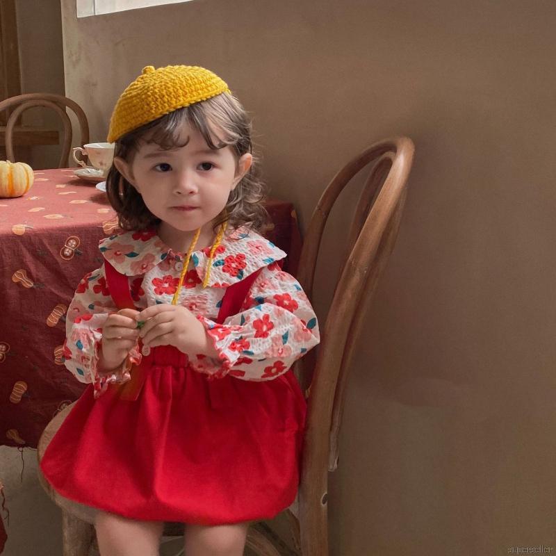 Áo sơ mi cổ búp bê tay dài họa tiết hoa kèm chân váy cho bé gái