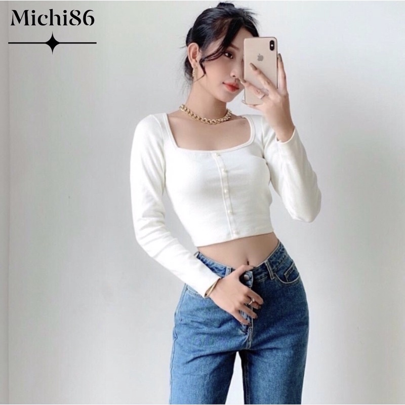 Áo croptop kiểu nữ cổ vuông tay dài gắn nút ngọc Michi , áo thun nữ tay dài | BigBuy360 - bigbuy360.vn