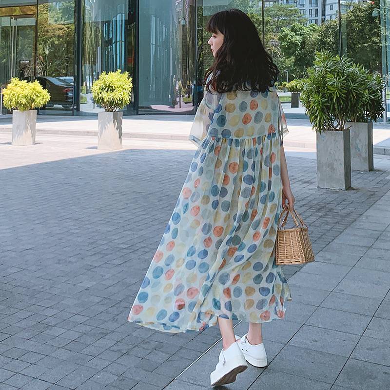 Váy babydoll Đầm Voan Dáng Rộng Lưng Cao Họa Tiết Chấm Bi Thời Trang Mùa Hè Hàng Mới 2021 Dành Cho Bạn Nữ