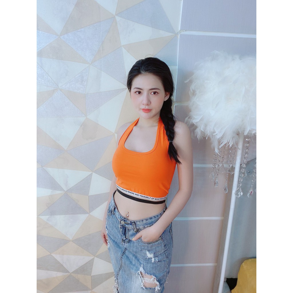 Áo yếm đeo cổ ôm body form croptop , kiểu phối thun chữ dưới cực xinh