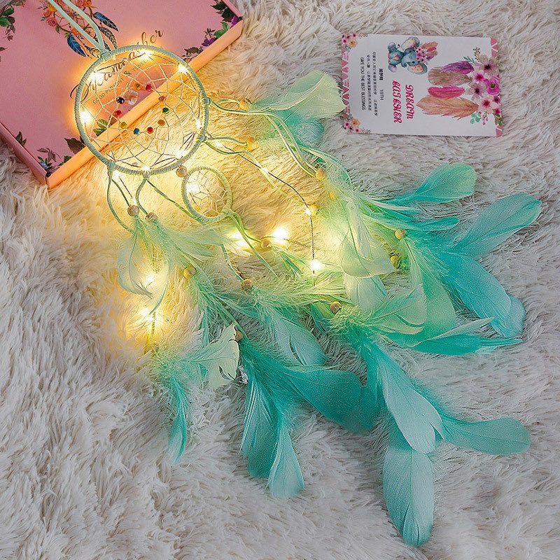 ( CÓ ĐÈN LED) Dreamcatcher Đính Lông Vũ Trang Trí Màu Xanh Nhẹ Nhàng