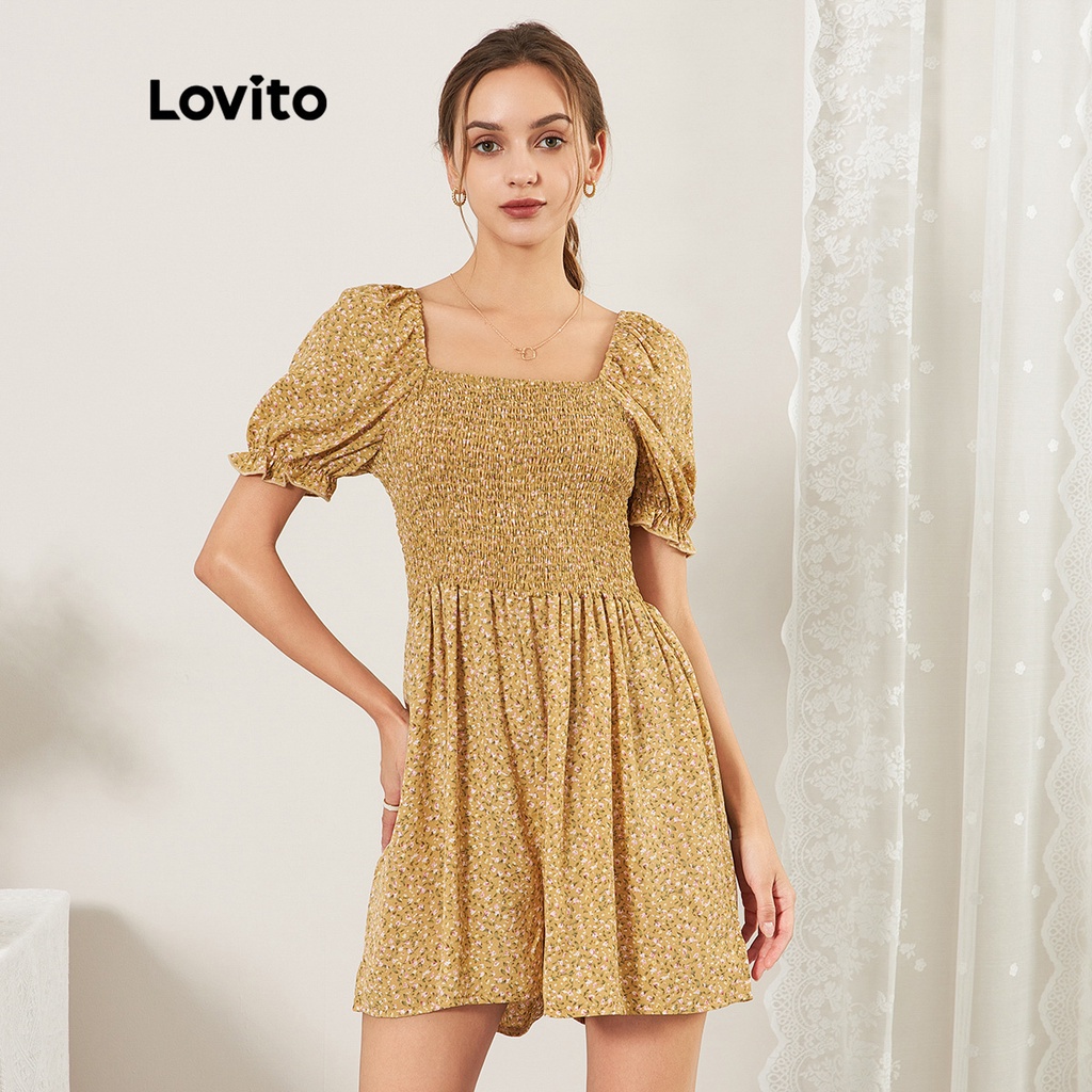Lovito Dễ Thương Ditsy Floral Shirred Áo LiềN Quần Có Tay Phồng L25Ed116 (Vàng NhạT)