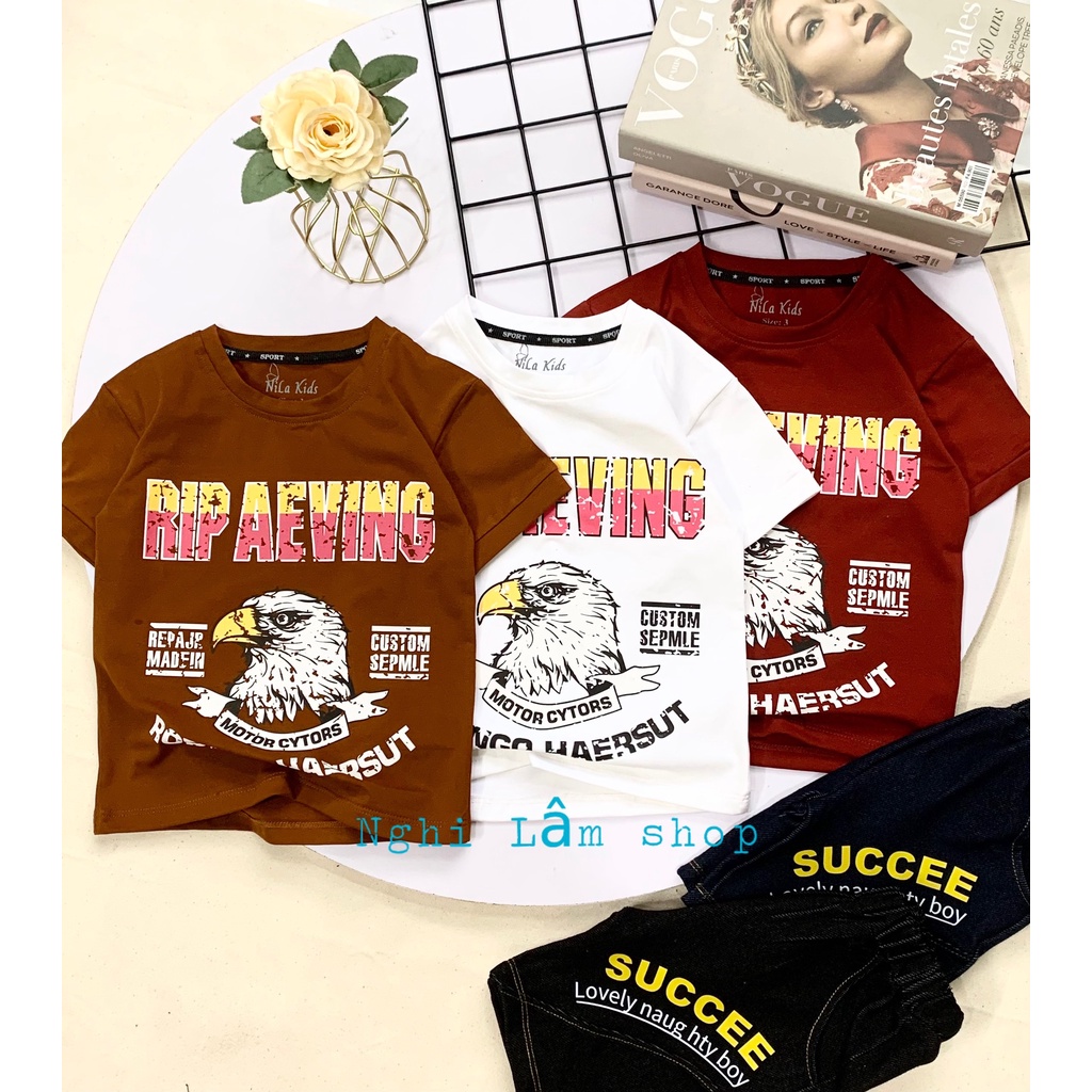 Set bộ đồ bé trai áo thun cotton 100% quần thun cotton giả jean hình chim Ưng cho bé từ 10-38kg