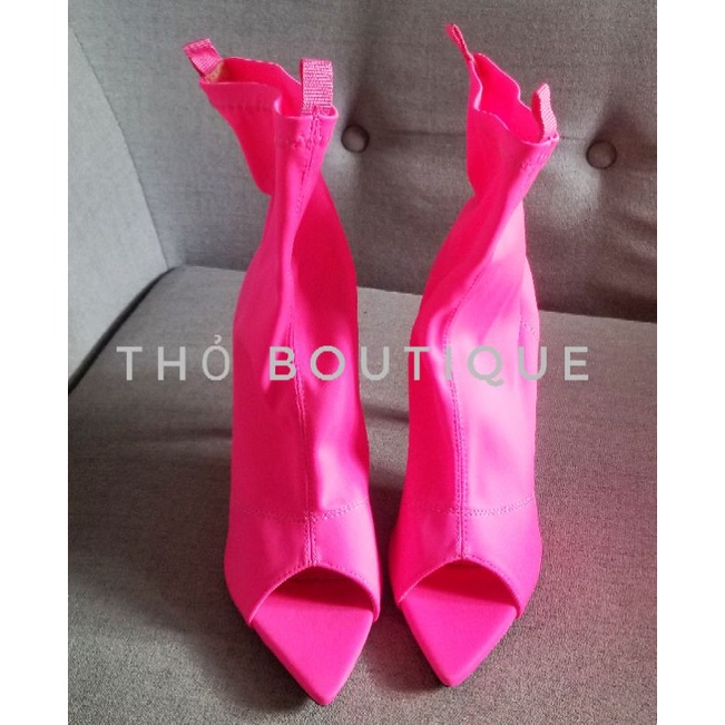 Giày bốt cao gót CRISTIAN SIRIANO vải thun co dãn mũi nhọn hở hồng sen mi nơ 11cm size 36-37