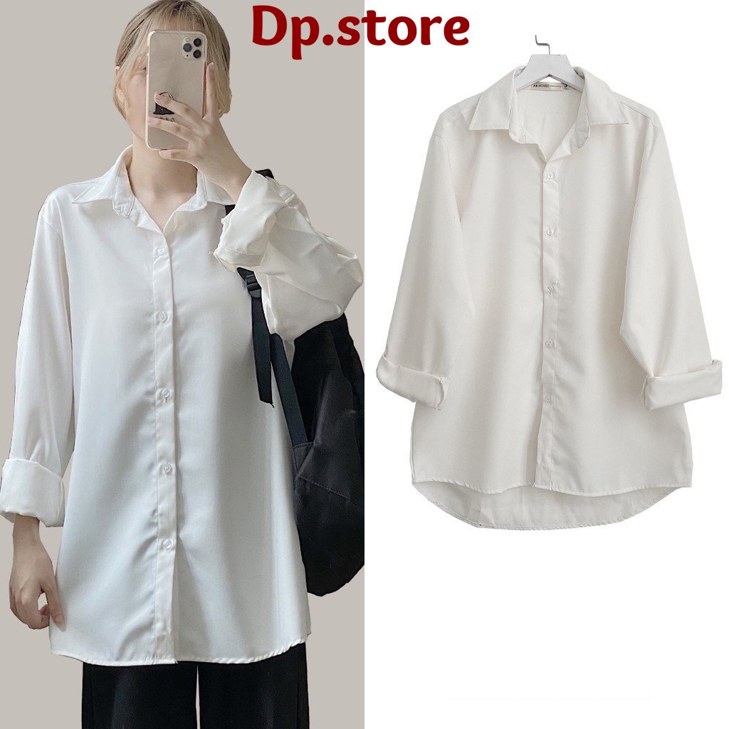 Áo sơ mi trơn nữ dài tay form rộng DPS - Thun hssv kiểu dáng thanh lịch màu trắng đen retro hàn quốc ulzzang