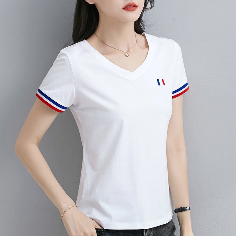 Áo Thun Cotton Mỏng Tay Ngắn Cổ Chữ v Thêu Họa Tiết Thời Trang Mùa Hè Mới Cho Nữ