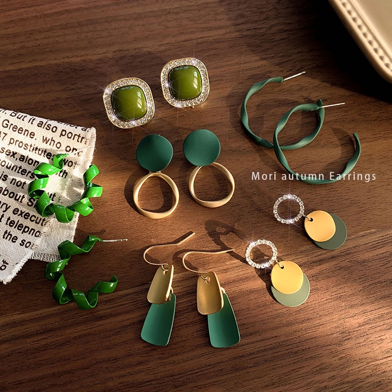 Khuyên Tai Đính Đá Quý Ngọc Trai Nhân Tạo Màu Xanh Lá Cây Phong Cách Hàn Quốc Thời Trang Mới 2023