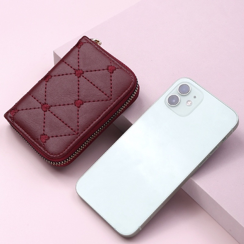 Ví nữ khoá cầm tay mini nhiều ngăn chất liệu da thêu trái tim