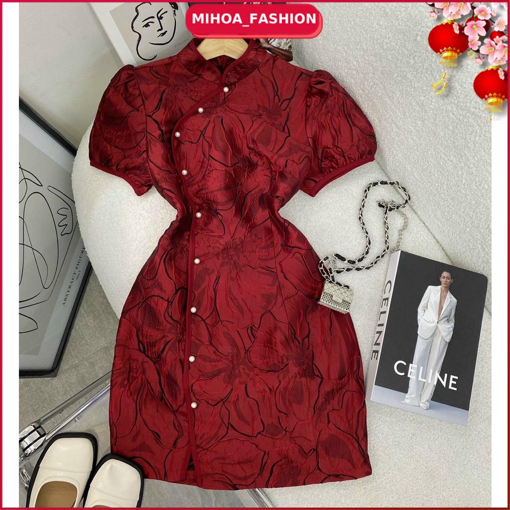 Đầm Tết MIHOA Đầm Cổ Tàu Cách Tân Sườn Xám Tết Gấm Đỏ Đẹp Thời Trang Nữ Tay Bồng Dưới 53kg