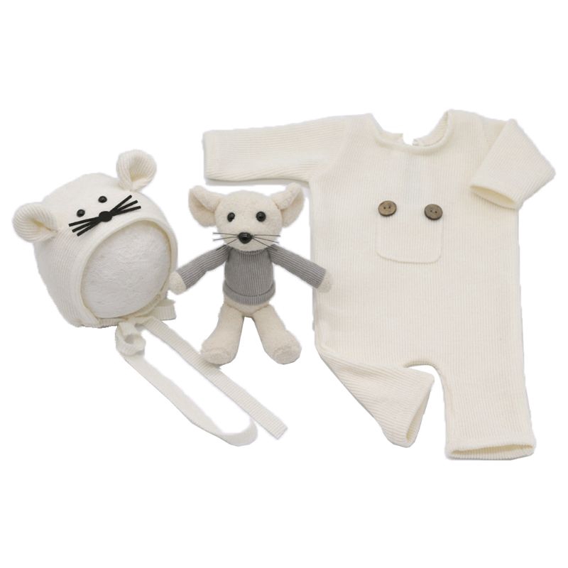 Set 3 Món Đồ Liền Thân Vải Cotton Dệt Kim Kèm Búp Bê Hình Chú Chuột Dễ Thương Dùng Làm Đạo Cụ Chụp Ảnh Cho Bé Sơ Sinh