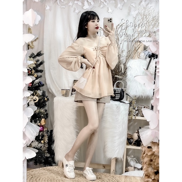 Set áo voan rút ngực phối quần short lưng thun sau lưng