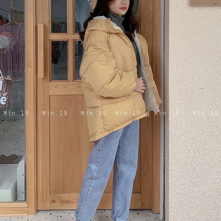 Áo phao nữ Hàn Quốc MIN19 áo khoác form rộng siêu nhẹ dáng dài chùm mông vải kaki chống nước màu vàng hồng thời trang | BigBuy360 - bigbuy360.vn