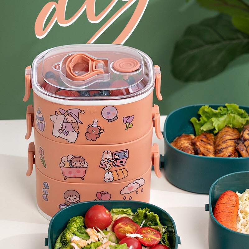 Hộp Cơm 3 Tầng Kèm STIcker,kèm muỗng cao cấp