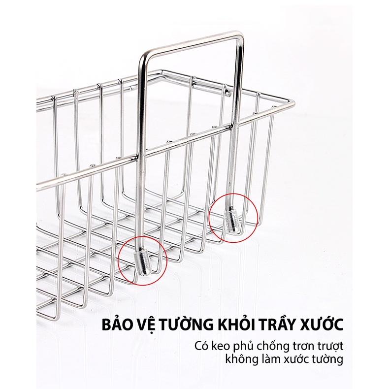 Kệ Inox Để Đồ Rửa Bát Dán Tường Kèm Khay Hứng Nước Thanh Treo Khăn, Giá Treo Đồ Đa Năng Tặng Miếng Dán