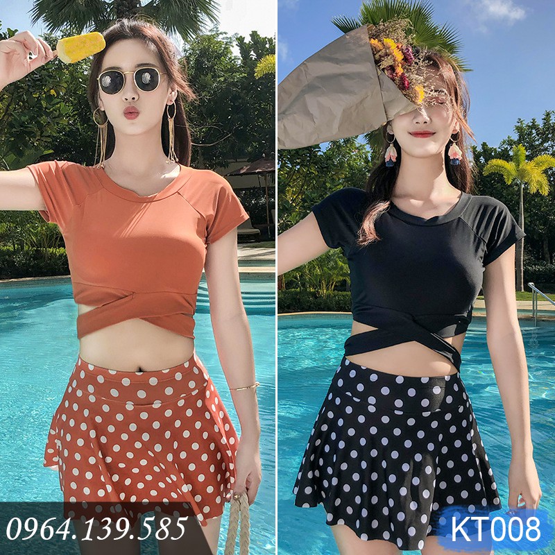 [SALE LẺ SIZE] - Bikini 2 mảnh kín đáo, áo gọng đệm nâng đẩy, quần váy chấm bi, có size to đến 65kg | KT008