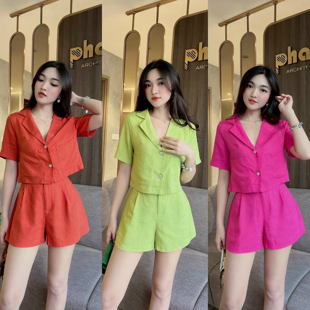 Sét bộ tuyết mưa áo vest croptop phối quần đùi ống rộng màu sắc (Cam, Vàng, Xanh, Tím) xinh xắn đi chơi, đi biển