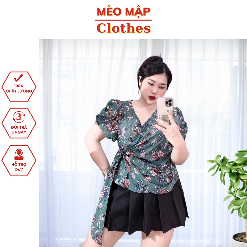 Áo voan vạt chéo họa tiết hoa nhiệt đới bigsize, áo cổ tim đắp chéo tay bồng xoắn eo cột nơ xinh