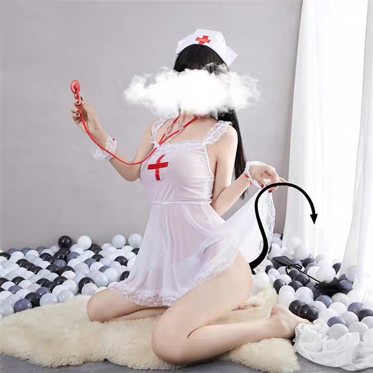 Set đồ ngủ sexy cosplay nữ y tá váy trắng viền ren xuyên thấu gợi cảm - Tặng kèm quần chip G string