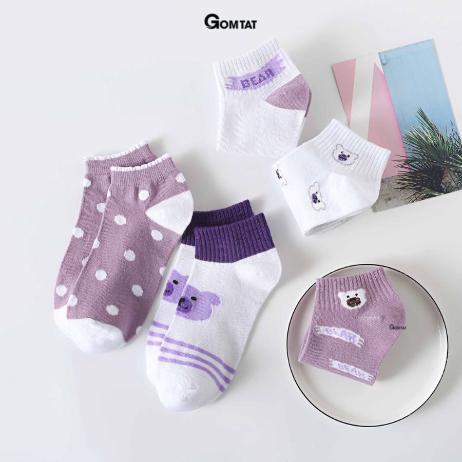 Set 5 đôi tất nữ cổ ngắn hình gấu GOMTAT thời trang hàn quốc, chất liệu cotton kháng khuẩn, dày dặn êm ái  -CB079