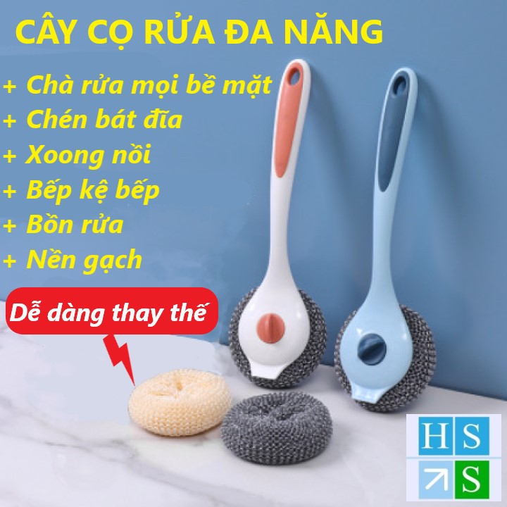 Cây cọ rửa ĐA NĂNG kèm búi lưới cán dài 27cm dụng cụ chà xoong nồi rửa chén bát kệ bếp bồn rửa cọ nền - HS Shop Đà Nẵng