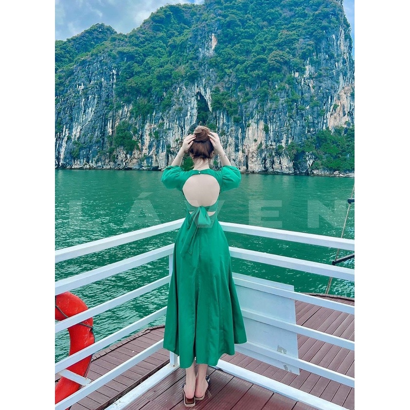 Đầm nữ thời trang mặc đi chơi chất lụa 2 lớp áo cổ tim tay phồng ngắn phối cột nơ sau váy xoè xinh xắn