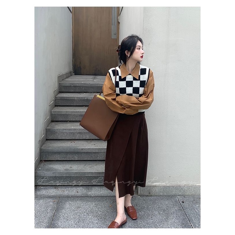 Áo khoác ghi lê dệt kim nhiều lớp cổ điển dễ phối đồ phiên bản Hàn Quốc