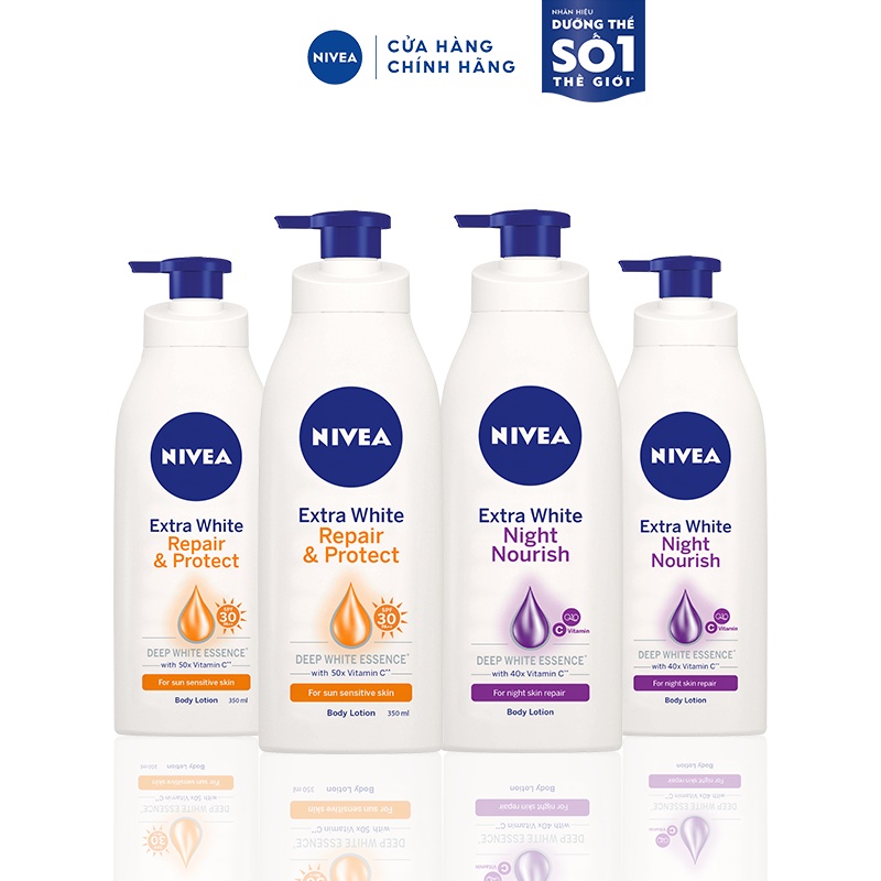Bộ 4 Sữa Dưỡng Thể Trắng Da Ngày & Đêm NIVEA | Phục Hồi | Chống Nắng | Vitamin C (350 ml/chai) - 88311 & 98412