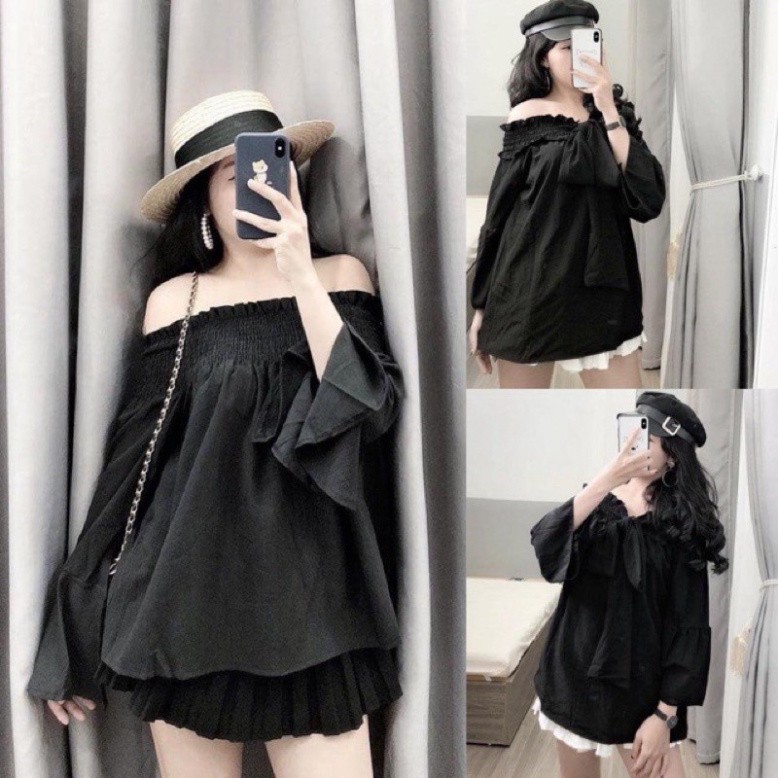 áo trễ vai tay dài, áo bánh bèo trễ vai nơ sau lưng điệu đà năng động cho bán gái, chất đẹp rẻ