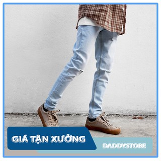 Quần jean nam xanh rách gối ✅ trơn màu xanh nhạt ✅ Quần jean nam skinny dáng ôm ✅  [HT903]