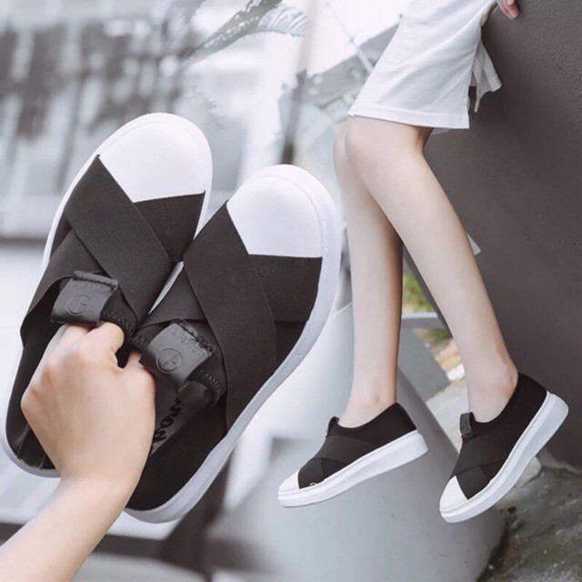 Giày thể thao nữ lười vá trắng vải cao cấp