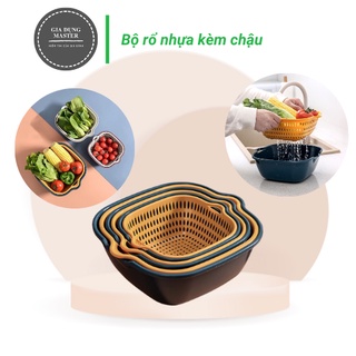 Rổ nhựa kèm chậu 6 món cao cấp tiện lợi,set rổ vuông