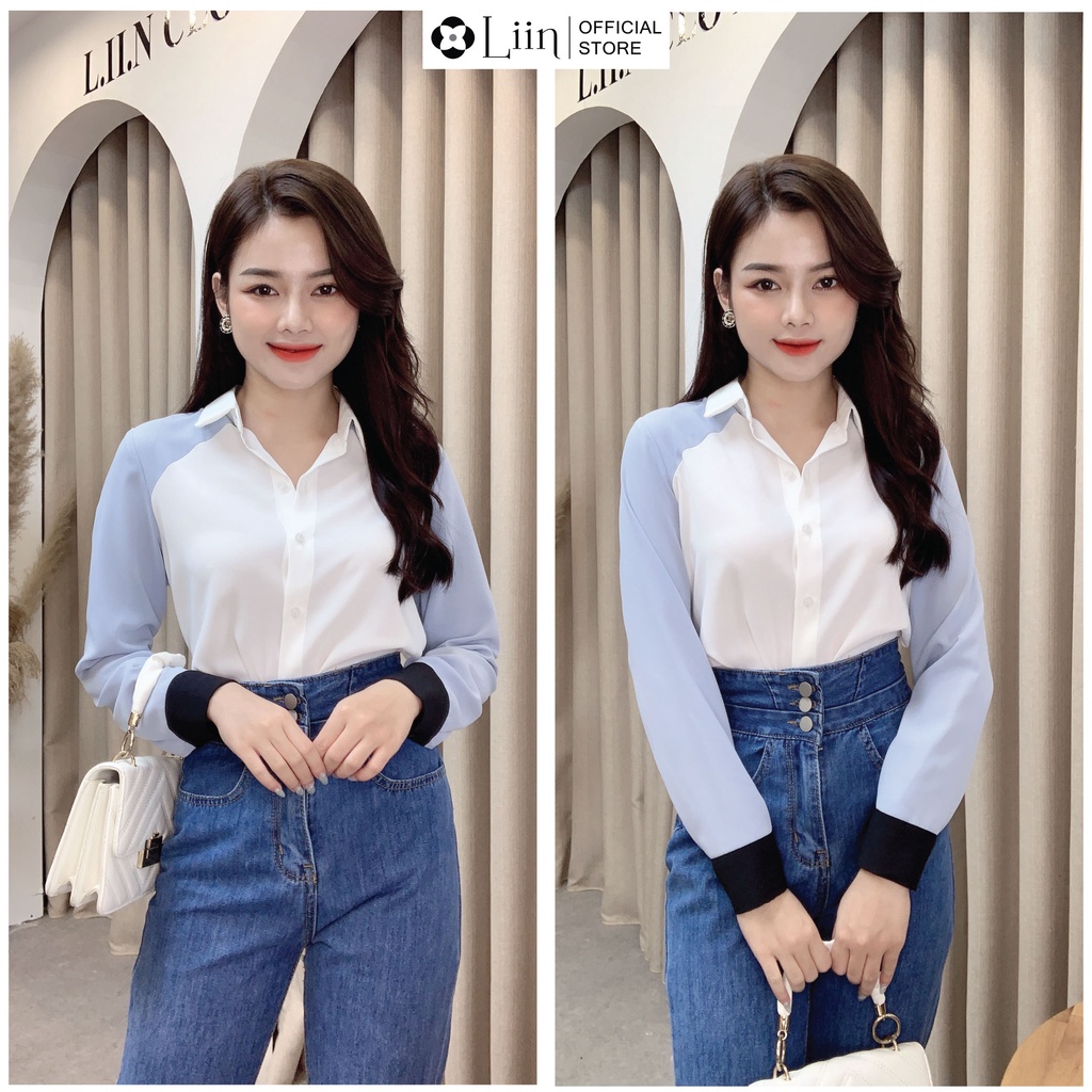 Áo sơ mi chất vải đũi màu trắng tay xanh thiết kế trẻ trung, thanh lịch  Liin Clothing SM3977