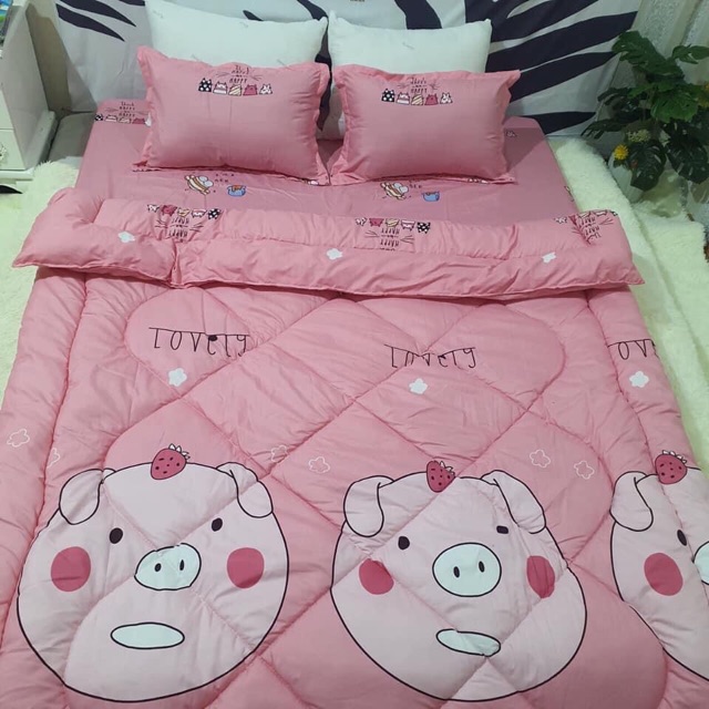 Trọn bộ ga gối Poly cotton chăn phao dày dặn 5 món nhiều màu sắc