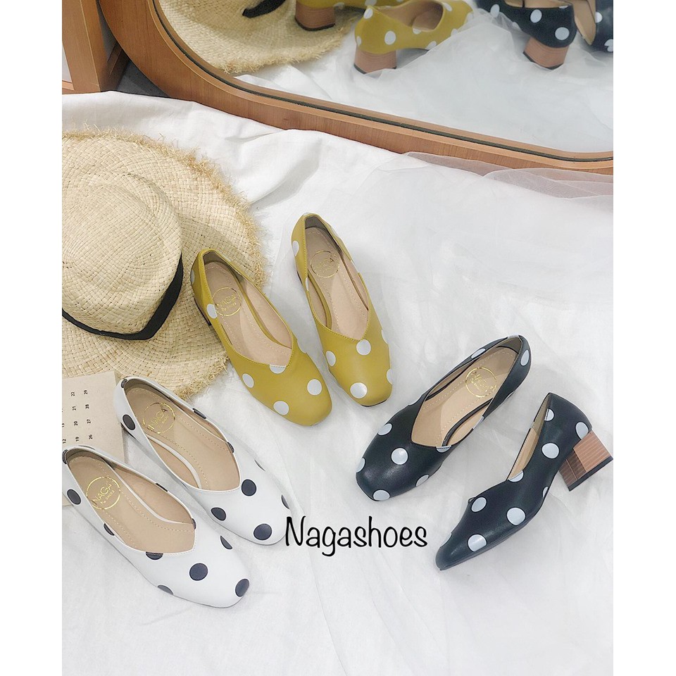 CAO GÓT NAGASHOES MŨI VUÔNG CHẤM BI ĐẾ GỖ 3CM NAC114