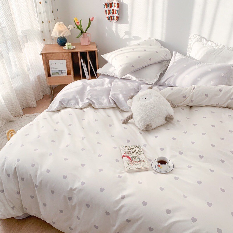 Bộ chăn ga gối poly -mẫu trái tim trắng -Luis bedding miễn phí bo chun theo kích thước l