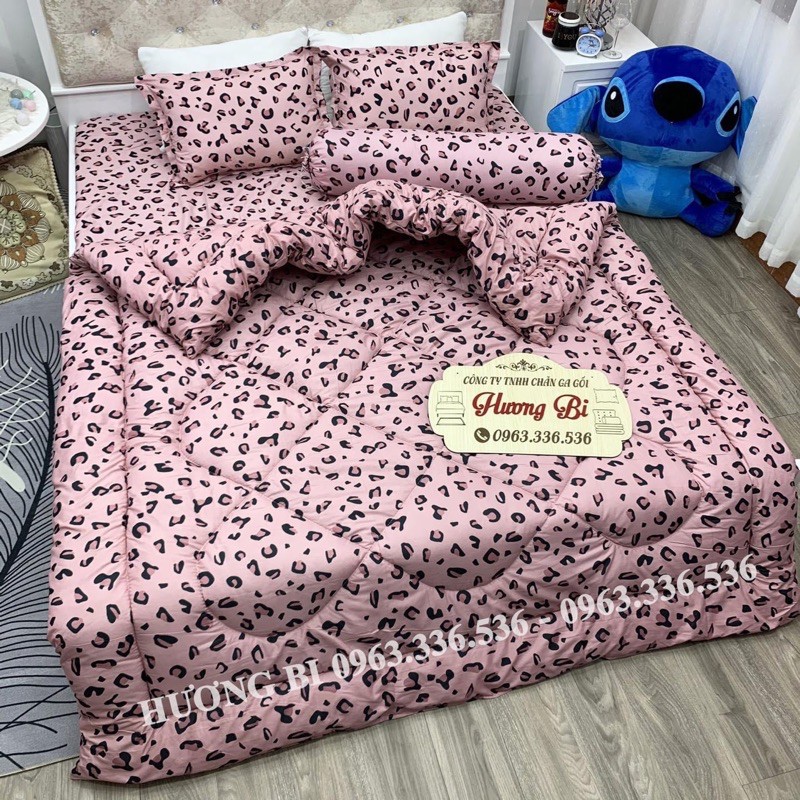 Cotton Poly Giảm Giá - Bộ Chăn Ga Gối Cottong Poly Chần Phao 5 Món - Da Báo Hồng