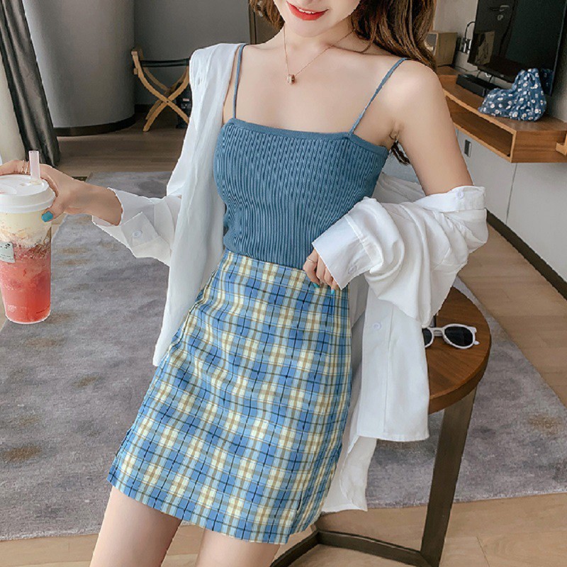 Váy Chữ A  Cạp Cao Kẻ Ca-Ro Dễ Thương Phong Cách Hàn Quốc | BigBuy360 - bigbuy360.vn