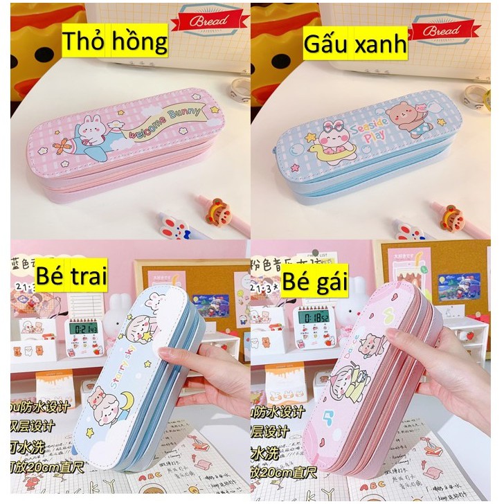 Hộp bút 2 tầng hình cute chất liệu pu chống nước dễ lau chùi -hộp viết hai tầng