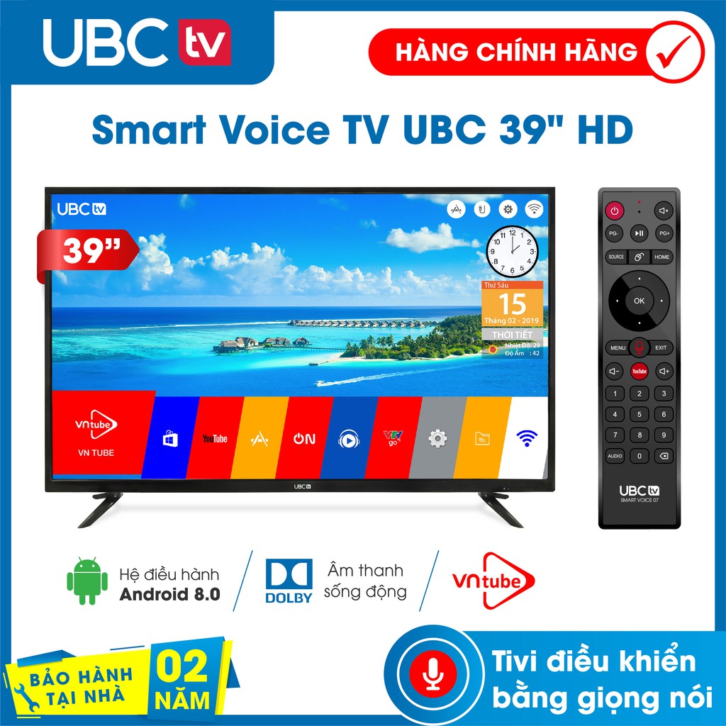 Smart tivi UBC HD 39 inch Android 8.0, tìm kiếm giọng nói (voice search), tính năng bảo vệ trẻ em (mới)