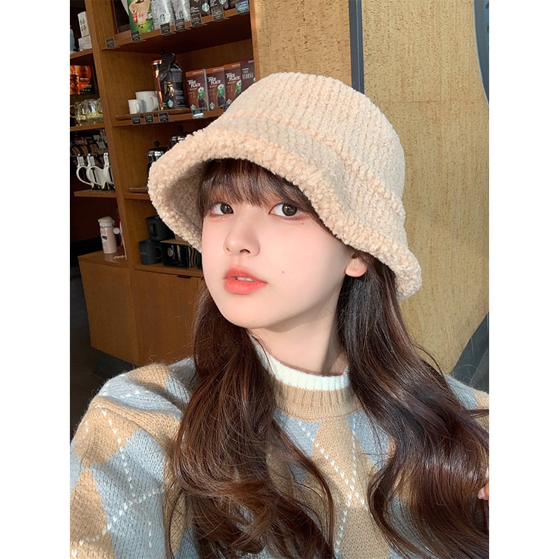 Mũ lông cừu giữ ấm màu sắc đơn giản phong cách Nhật Bản dành cho bạn nữ
