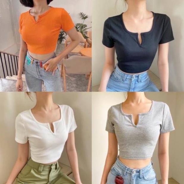 Áo Thun Croptop Tay Ngắn Cổ Chữ V Trái Tim Cá Tính Cam Đen Trắng Xám Xanh Than SHTACR02