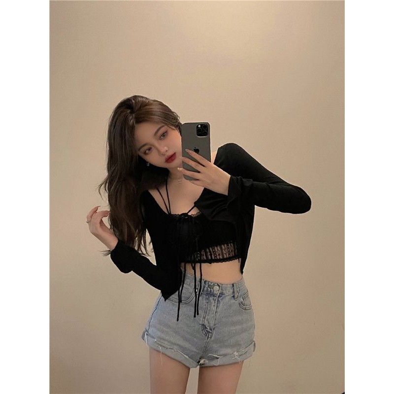 Set áo khoác cardigan phối dây cột và áo bra ren hai dây siêu xinh màu xanh và đen | BigBuy360 - bigbuy360.vn