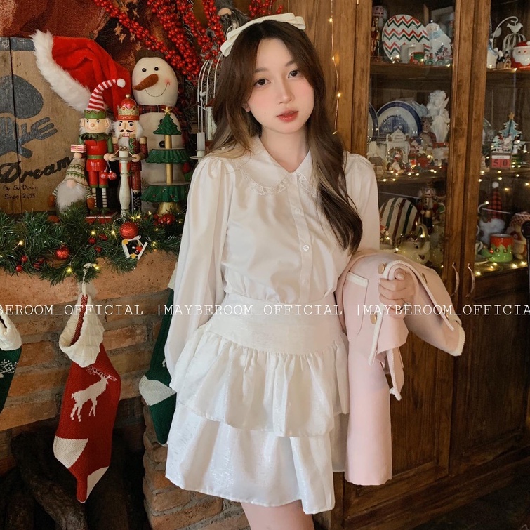 Set Áo Khoác Hồng Pastel Viền Ren Cúc Vàng Lót Gió Siêu Ấm mix Sơ mi Cổ Sen Ren Cùng Chân Váy Xoè Merry Set Mayberoom