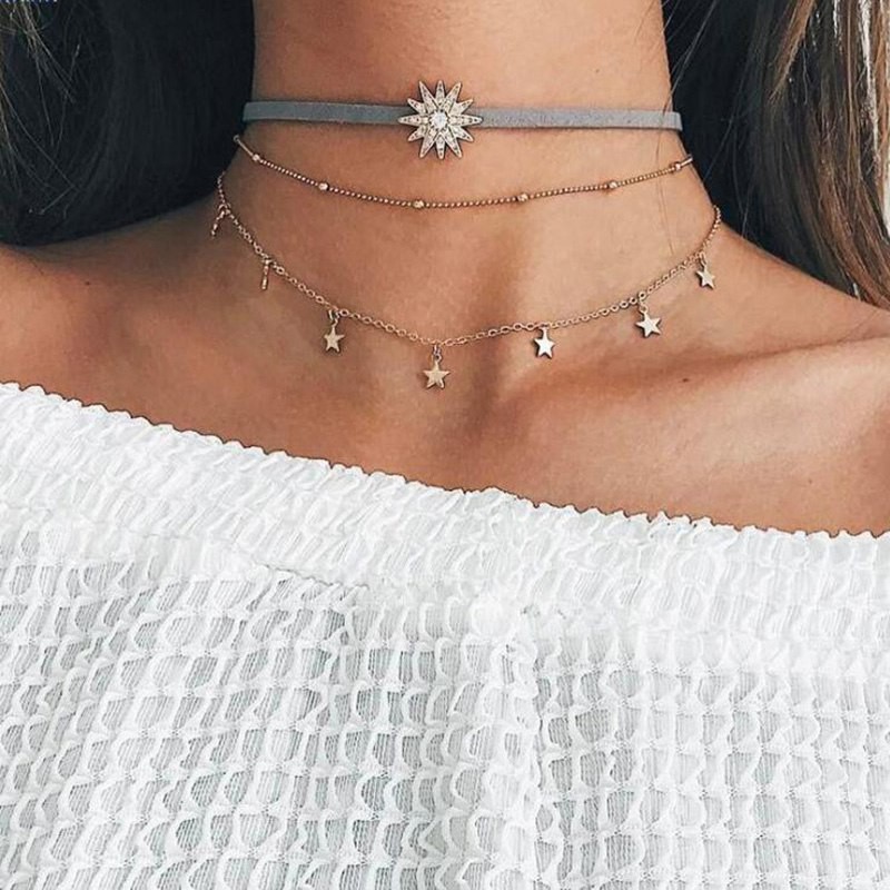Vòng cổ choker 3 tầng mặt hình ngôi sao và mặt trời độc đáo